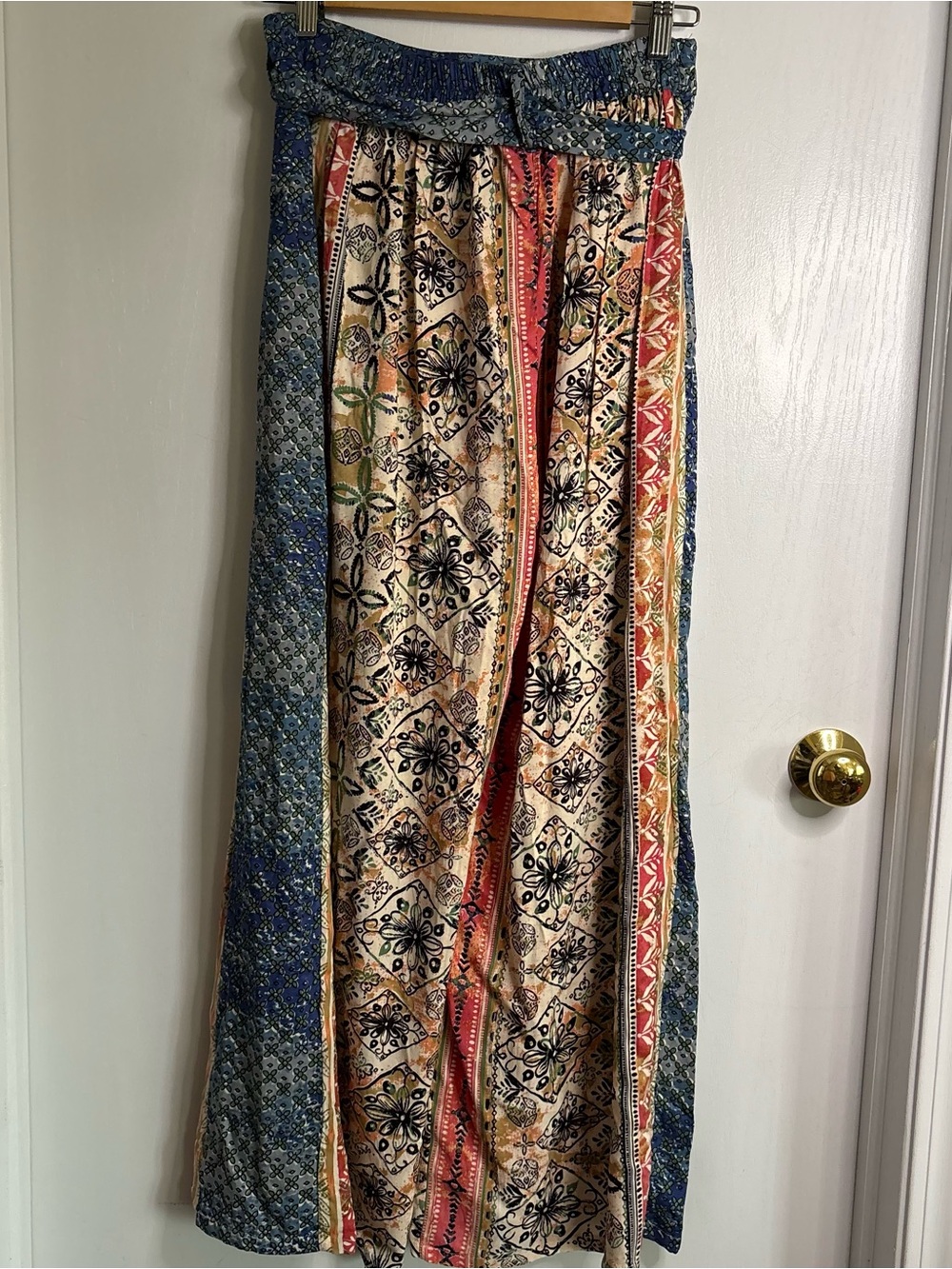 Angie NWT Sz S Patchwork Woven Pull On Waist Split Side Boho Belted Pants - Picture 3 of 9